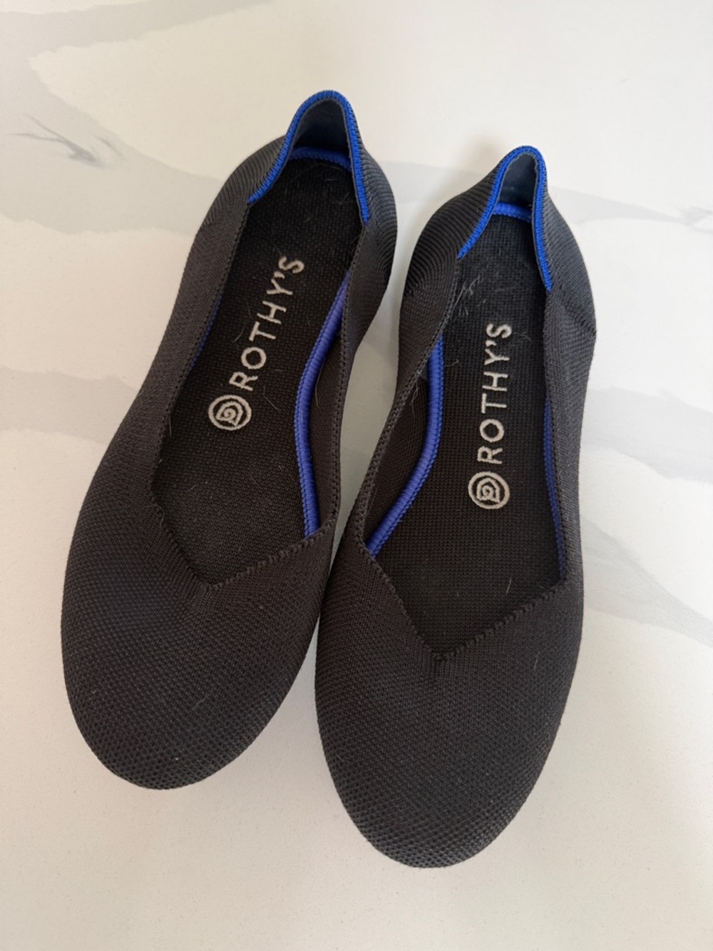 Rothy's Black Ballet Flats with Blue Trim